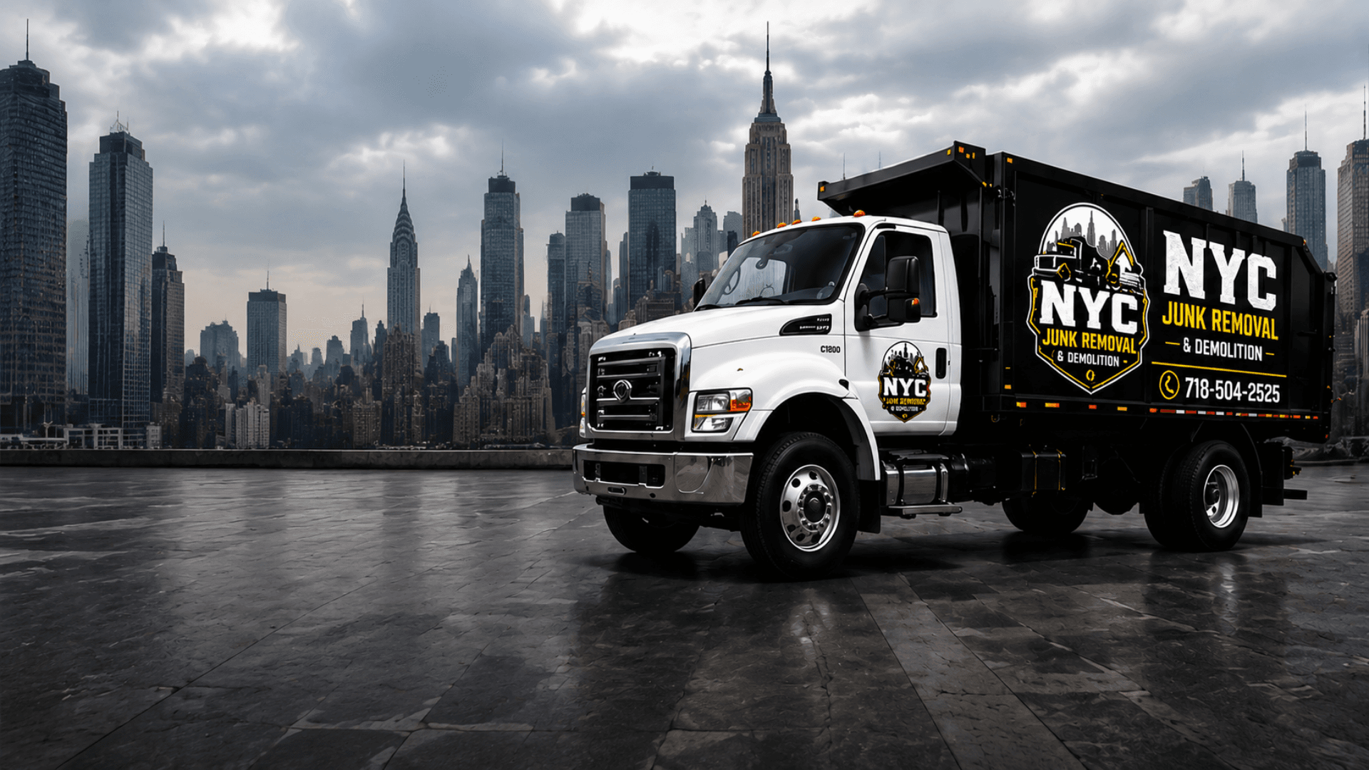 NYC Junk Removal truck against the New York City skyline
